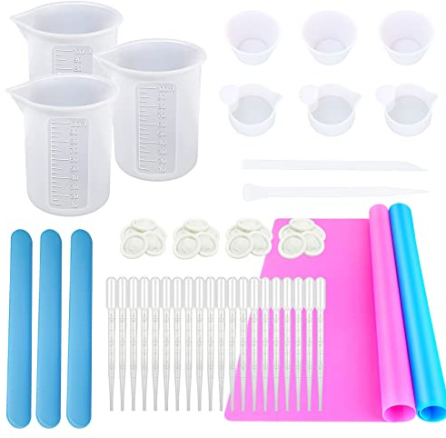 Yayatty - Set di 46 tazze da miscelazione in resina, 3 stili di misurini in silicone, set di strumenti in resina epossidica con tappetino in silicone, bastoncini in silicone, contagocce in plastica