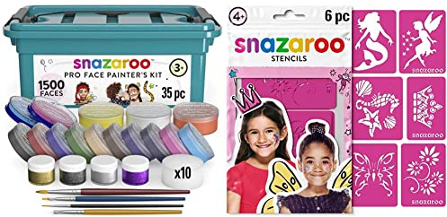 Snazaroo Professional Face Paint Kit for Kids and Adults, 35 Colours, 11pcs, Brushes, Glitter Gels, Sponges, Guide & SZ1198014 Re-usable Face Paint Stencils for Girls-6 Pcs, Pink, Unit