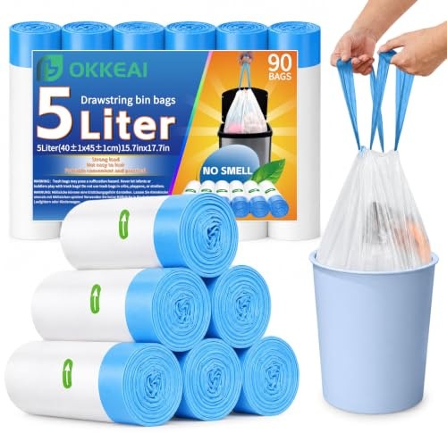 OKKEAI 5 l Müllbeutel, klein, 90 Stück, weiß, Müllbeutel mit Kordelzug, Wasserhahngriff, geeignet für Badezimmer, WC, Küche, passend für 3 l, 4 l, 5 l, 6 l Abfalleimer