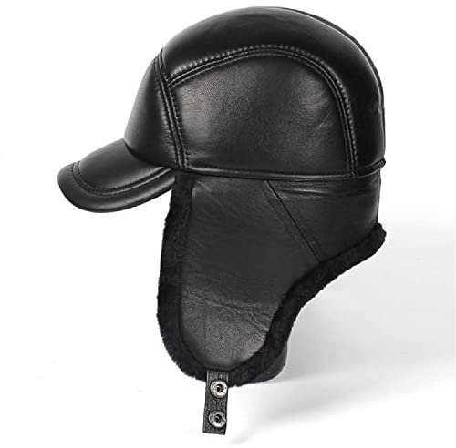 Ciamlir Russische Mütze Wintermütze Herren Leder Bombermütze Ohrenklappe Schwarz Warmer Dicker Ski Schnee Winddichter Männlicher Russischer Hut,Schwarz,59-60Cm