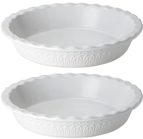 Fun Elements Ceramic Pie Pan, 9 Inch Pie Dish for Baking, Ruffled Pie Plate, Non-Stick Deep Dish Pie Pan for Apple Pie and Pot Pie, Thanksgiving Christmas Gifts, Set of 2, White