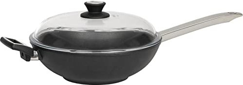 SKK große Antihaft Wok-Pfanne Ø 32 cm - ohne Induktion - runder Aluguss Asia Stielwok mit Glasdeckel & Edelstahl Griff - Made in Germany