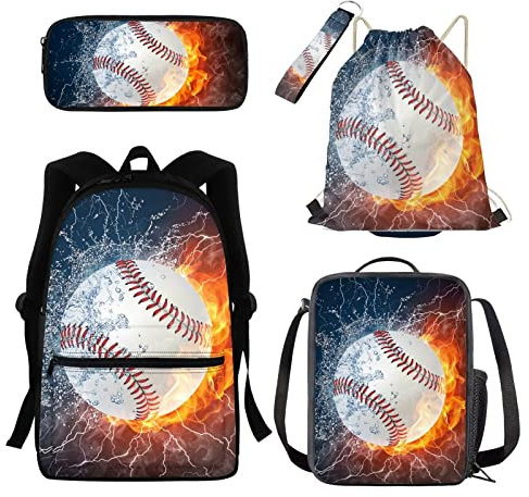 Belidome 5-teiliges Kinder-Rucksack-Set mit isolierter Lunch-Tasche, Federmäppchen, Schlüsselanhänger, Kordelzug, Rucksack, Wasser- und Feuer-Softball, Einheitsgröße, Kinderrucksack