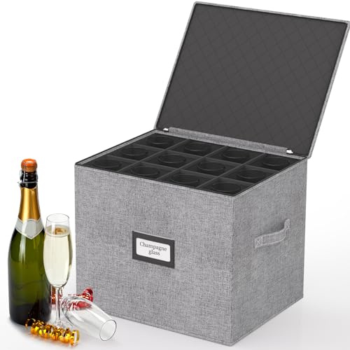 VERONLY Champagne Flute Storage Box with Dividers, Champagne Glass Storage Container, Hard Shell Stemware Storage Case Organizer for 12 Crystal Champagne Flutes Storage and Organization (Grey)