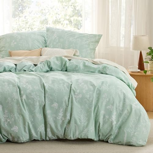 BEDSURE Bettwäsche 155x220 Baumwolle 3teilig - Grün Blumen | Baumwolle Bettwäsche mit Reißverschluss, ÖKO-TEX Wendbar, Bettbezug 155x200cm + 2 Kissenbezüge 80x80cm, einfach zu beziehen
