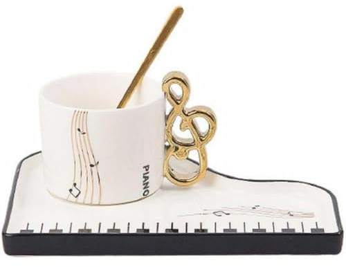 FülleMore Kreative Klavier Kaffeetasse mit Unterteller und Löffel,200ml Keramik Cappuccinotasse Süß Musiknoten Espressotasse Mochatasse Geschenk für Mutter freundin Geburtstag Valentinstag (Weiß)