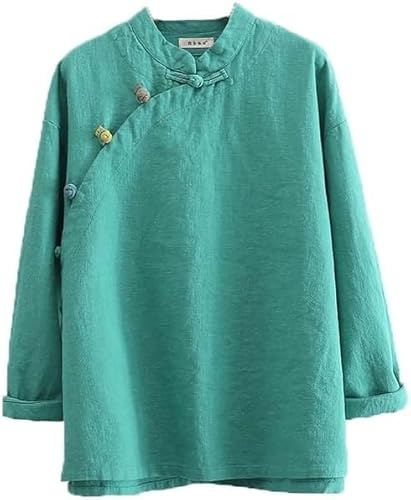 Blusa de ramio chino para mujer, camisa Hanfu de algodón y lino, ropa tradicional, traje de meditación con manga larga, túnica retro, traje de meditación, verde, S