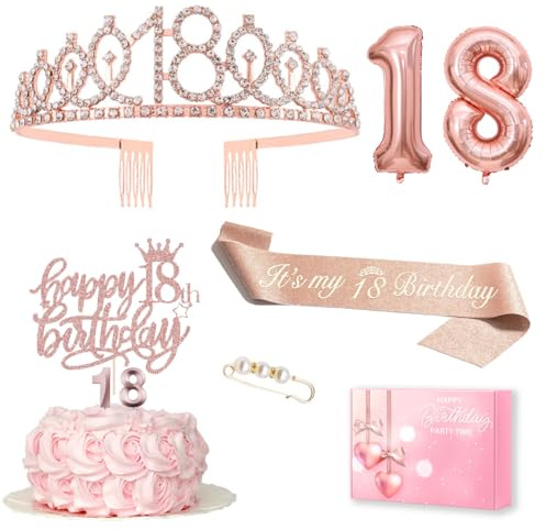 Deko 18. Geburtstag Mädchen, 18. Geburtstagskrone und Schärpe, Tortendeko Geburtstag und Kerzen, Roségold Folienballon 18, 18. Geschenk für Mädchen zum Geburtstagsparty Deko Supplies