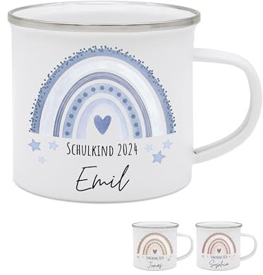 wunderwunsch - Personalisierte Emaille Tasse Kinder mit hochwertigem Spezial-Druck – Bruchsicher, Leicht & Umweltfreundlich – Geschenk Schulanfang, Schuleinführung (Regenbogen blau)