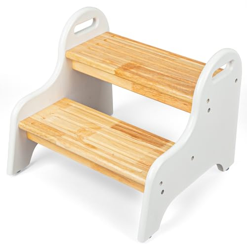 StrongTek Marchepied à 2 marches en bois d'hévéa pour enfants, sûr et robuste, idéal pour la salle de bain, la cuisine, la maison, durable, antidérapant, sécurité des enfants, marchepied pour