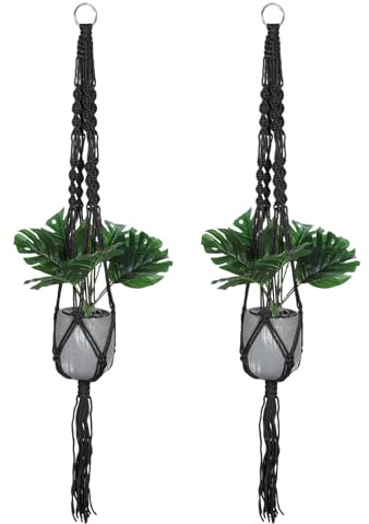 PATIKIL Macrame Pflanzenhänger für den Innenbereich, 2er-Pack Hängende Pflanzregale mit stabilem Holzsockel für die Dekoration von Zuhause an Wand, Decke und Fenster, Schwarz | Hängendes Pflanzenregal, Pflanzkorb, für Heimdekoration, hängende Wand, Decke, Fenster