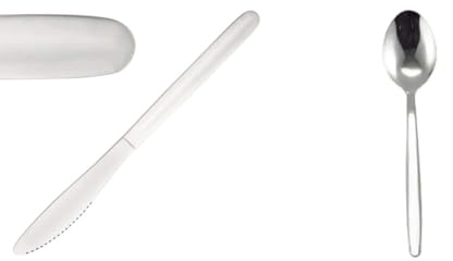 Olympia Kelso Stainless Steel Table Knives (Pack of 12), Silver, 215(L) mm, Dinner Knife Set & Genware 2000-8 Millennium 18/0 Stainless Steel Teaspoon, 140 mm Length, Pack of 12