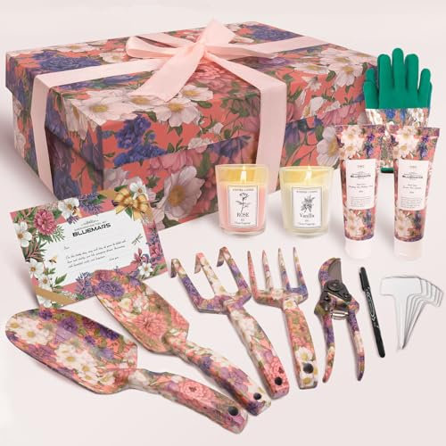 BlueMars Gardening Gifts For Women,Garden Tool Set with Trowel Fork Rake Pruner Transplanter Gloves,2x Hand Cream, 2x Aromatherapy Candle, 30x Plant Labels & Pen,Birthday For Mum Ladies