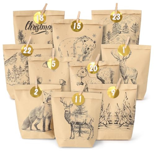 Calendario de Adviento 2024 para rellenar, 24 bolsas para calendario de Adviento para rellenar, calendario de Adviento para rellenar con pegatinas y pinza de madera, diseño de Cozy Winter Negro