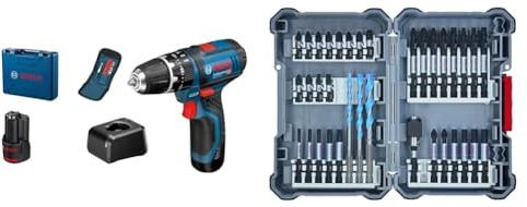 Bosch Professional 12V System Akku Schlagbohrschrauber GSB 12V-15 (inkl. Akku + Ladegerät, 10-tlg. Bitset, im Werkzeugkoffer) + 35-tlgs. Bohrer Bit Set (Pick and Click, Zubehör, Bits+ Universalhalter)