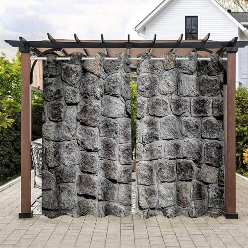 Treer Outdoor Vorhang Wasserdicht mit Ösen (1.6 inch) 2er Set, Outdoorvorhänge Sichtschutz Sonnenschutz für Balkon Terrasse Garten Pavillon (W101*L213cm,Grauer Stein)