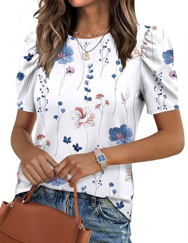 Zeagoo Womens Puff Short Sleeve Tops Floral Print Boho Summer Blouses Casual Dressy Loose Fitting Office Clothes 2026