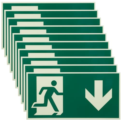 10 Stück Schilder Notausgang, langnachleuchtende Schild Notausgangsschild Pfeil Unten 300 x 150 mm Selbstklebend Fluchtwegschild Rettungsweg-Nach unten