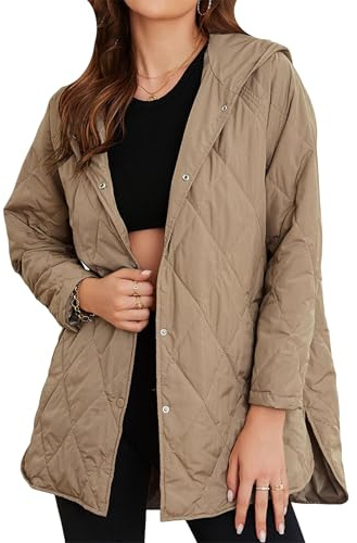 OMZIN Femmes Vestes Matelassées à Capuche Vestes Légères Boutons-pression Vêtements D'extérieur Amples Avec Poches Kaki M