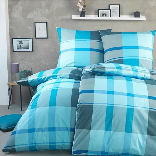 BaSaTex Bettwäsche 135x200 Baumwolle Set 4 teilig - 100% Baumwolle - 2X Deckenbezug 135 x 200 cm + 2X Kissenbezug 80x80 cm - Reißverschluss - Josef Petrol