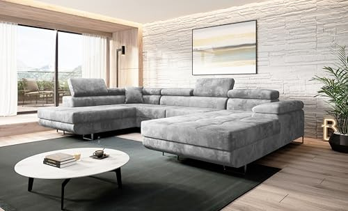 Easy4You Hellgrau Ecksofa Varberg Velours in U-Form 345 x 72 x 205 cm mit Schlaffunktion und Bettzeugbehälter - Schlafsofa mit Bettkasten - Eckcouch mit Stauraum - Stoff: Monolith 84