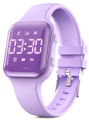Reloj LED multifunción para conteo de pasos, reloj digital, reloj podómetro para niños, cronómetro, reloj despertador, calorías para mujeres, niños y niñas (morado galvanizado)