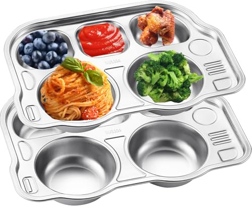 Yanhalo 2-pack uppdelad tallrik, 5 sektioner 304 rostfritt stål uppdelad middagsbricka för vuxna, barn, husbilar, bussform uppdelat fat för lunch, portionskontroll, camping, BPA-fri