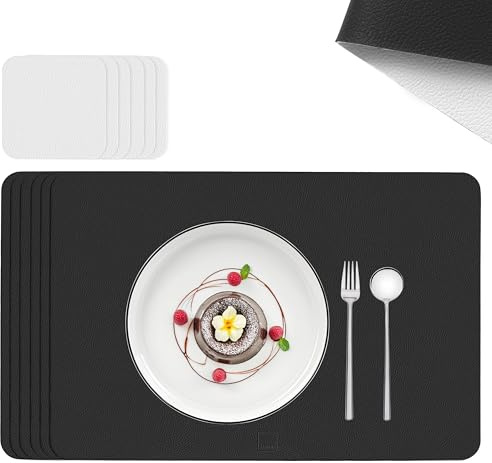 SÄNGER Untersetzer & Platzsets abwaschbar aus Kunstleder 12 teilig | Tischuntersetzer für 6 Personen-rutschfest doppelseitig wasserdicht- Tischset Untersetzer Schwarz Creme 44,5*30cm