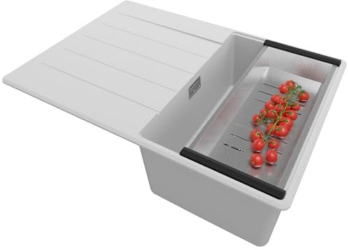 PRIMAGRAN Spülbecken Grau 70x50cm, Granitspüle 1 Becken + Ablauf-Set, Küchenspüle ab 40er Unterschrank - Kopenhagen S376