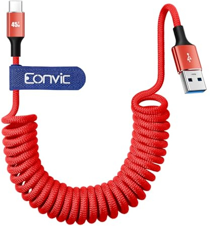 Eonvic - Cavo USB A a USB C da 45W a ricarica rapida per CarPlay, cavo intrecciato a spirale per trasferimento dati per iPhone 15/16 Pro Max, Galaxy S24/S23/S22, laptop, fotocamera (rosso, a spirale