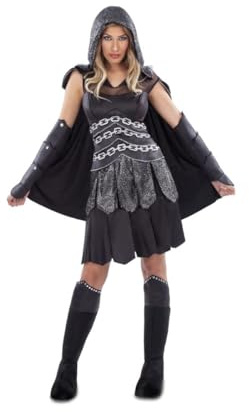 My Other Me - Disfraz Guerrera mujer, talla S. Incluye vestido negro con estampado metálico plateado con capa y capucha, manguitos largos a juego y cubrebotas negros con detalles plateados.