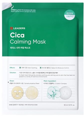 LEADERS Insolution Cica Calming Mask - Soothing Relief for Irritated & Sensitive Skin | Helps Reduces & Relieves Redness | Calming Care, Sebum & Moisture Control, Easy Peel Pouch - 10 Sheets
