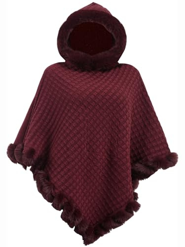 crazy bean Poncho Donna Invernale Caldo Elegante Mantella Scialle in Maglia Girocollo con Cappello Coperta Calda Invernale Bordeaux