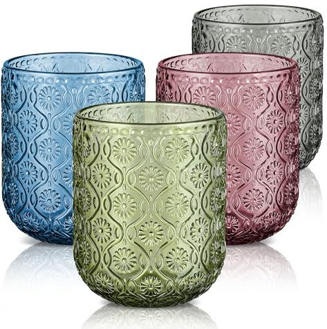 Joeyan Trinkgläser Set Bunt,260ml Mehrfarbige Wassergläser,Vintage Gläser Set 4 Teilig, Saftgläser mit Modernes Blume Geprägtem Design,Stapelbar Küchengläser für Alltag,Büro,Outdoor,Spülmaschinenfest