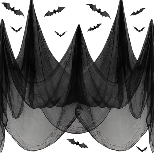 3 Stück Halloween Deko Stoff 228 * 549CM mit 12 Fledermaus Aufkleber, Schwarze Gruselige Stoffe, Schwarzes Spinnennetz Baumwollgarn Halloween Party Spukhaus Gruselige Dekoration