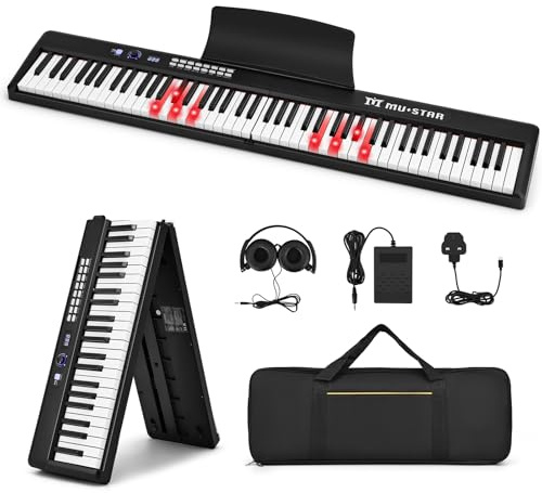 MUSTAR 88 Tasten Faltbares Klavier, Tragbares Digitalpiano, Schwarz | Faltbares E-Piano mit halbgewichteten Tasten, Sustain-Pedal, USB-MIDI, Lautsprecher, Kopfhörer, Tragetasche für Anfänger