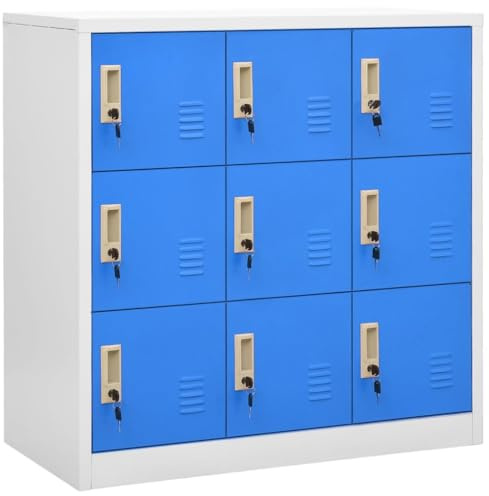 Mandloder Armoire à casiers verrouillables, gris clair et bleu, 90 x 45 x 92,5 cm, en acier robuste, avec 9 compartiments verrouillables, idéale pour bureau, garage, rangement, meuble polyvalent