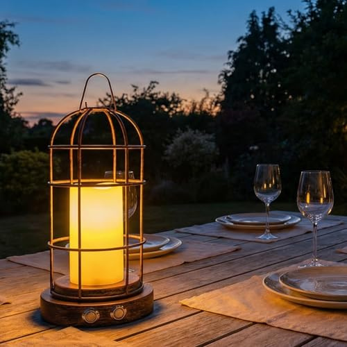 Tomshine Lanterne LED Effet Flamme Réaliste, Lampe de Table Sans Fil Rechargeable Vintage, Lanterne Bougie Cage Métal Dimmable, Veilleuse Portable pour Déco Intérieur, Jardin & Camping (Abrité)