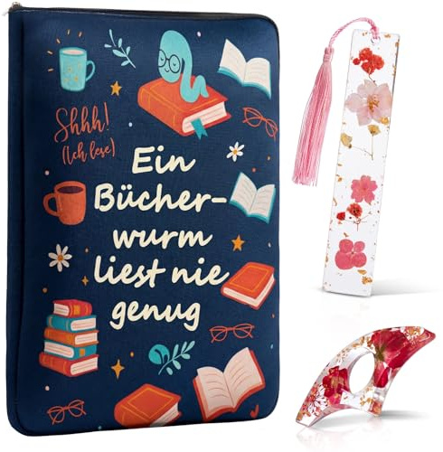 Geyoga 3 Stück Geschenke für Leseratten Buchliebhaber 22 x 31 cm Buchhülle mit Reißverschluss Daumen Buchseitenhalter Getrocknete Blumen Harz Lesezeichen Buchzubehör für Bücherwurm Lehrer