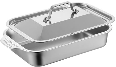 Misaakoeq Teglia da Forno in Acciaio Inossidabile | Vassoio Da Forno Con Coperchio E Manico | Utensili Da Antigoccia | Per Torte, Pane, Biscotti, Lasagna, Gratin, Pizza, Cucina, Casa