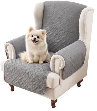 KSLHRCB 1 Piece Wingback Quilted Wingback Cover, Water-Repellent Fitted Wing Chair Pad Pet Friendly, Non-Slip High Back Armchair Slipcovers for Living Room (Grey,1 pc)