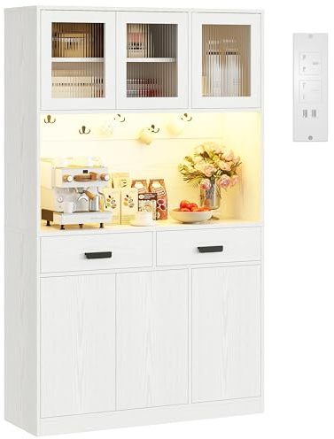 IRONCK Kitchen Cupboard 180cm Tall Cabinet with LED&Power Outlet, Sideboard Storage Cabinet with Large Countertop, 2 Drawers, Ajustable Shelf, Kitchen Units Dining room, living Room,180x110x38cm,White
