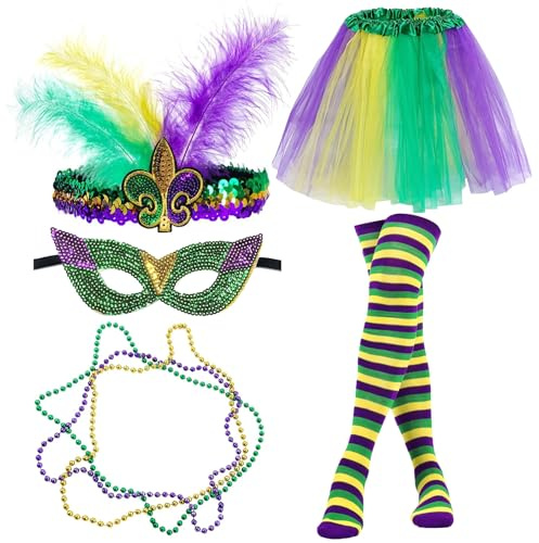 JSTHHTT 80er Jahre Outfit für Damen Mardi Gras Costume Accessory Set Tüllrock Damen Faux Feather Headband, Mask,Mardi Gras Beads für Fasching Halloween Karneval Party Decorations
