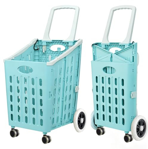 ZHJINGYU Shoppingvagn vikbar 75 l – shoppingvagn vikbar passar vertikalt i bagageutrymmet – shoppingvagn med 4 hjul för tvätt, kontor, resor, stormarknad (blå)