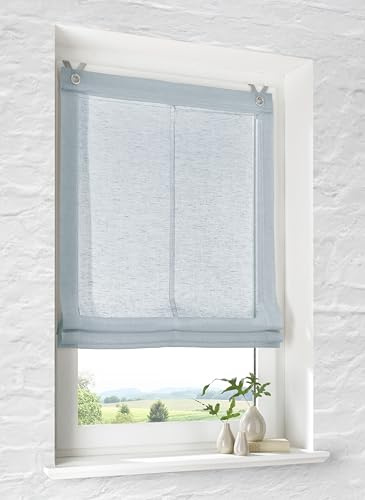Brondy - Tenda a pacchetto con occhielli, colore: blu, semitrasparente, effetto lino, con ganci senza foratura, larghezza 60 cm x altezza 140 cm