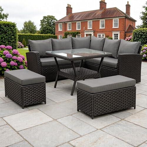 Spring Garden Bath 9-Seater Rattan Garden Furniture Set with Parasol Hole & Cover - Flexible L-Shape Corner Sofa, 90cm Dining Table & 2 Benches - Free Rain Cover -Black/Grey- All-Weather