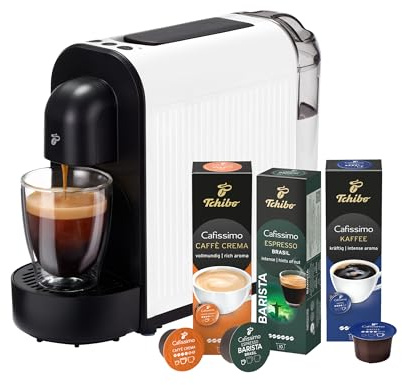 Tchibo Cafissimo NOW Kaffeemaschine Kapselmaschine inkl. 30 Kapseln für Caffè Crema, Espresso und Kaffee | 0,67 l | 1250 Watt | 11,4 x 33,7 x 23,5 cm | Weiß