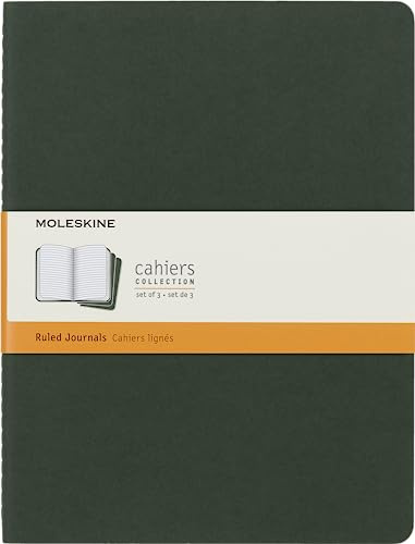 Moleskine Cahier Journal, Set di 3 Quaderni con Pagine a Righe, Copertina in Cartone e Cucitura a Vista in Cotone, Colore Verde Mirto, 120 Pagine, Extra Large 19 x 25 cm