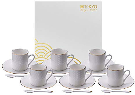 TOKYO design studio Nippon White Espresso-Set weiß, 18-TLG., mit Gold-Rand, 6X Espresso-Tassen mit Untertassen und Löffeln, asiatisches Porzellan, Japanisches Design, inkl. Geschenk-Verpackung