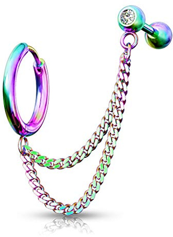 beyoutifulthings 1 Knorpel Ohr-stecker Zirkonia Klick-Creole Doppel-Kette Cartilage Labret Piercing-s Tragus viele Farben Edelstahl Schraub-Verschluss